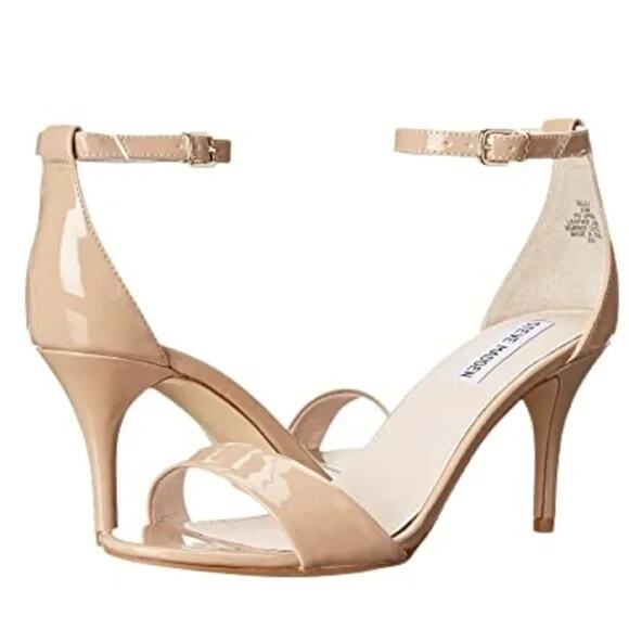 Steve Madden Silly Ankle Strap Nude Beige Patent Leather Heeled Glam Sandals 8 - Picture 1 of 10